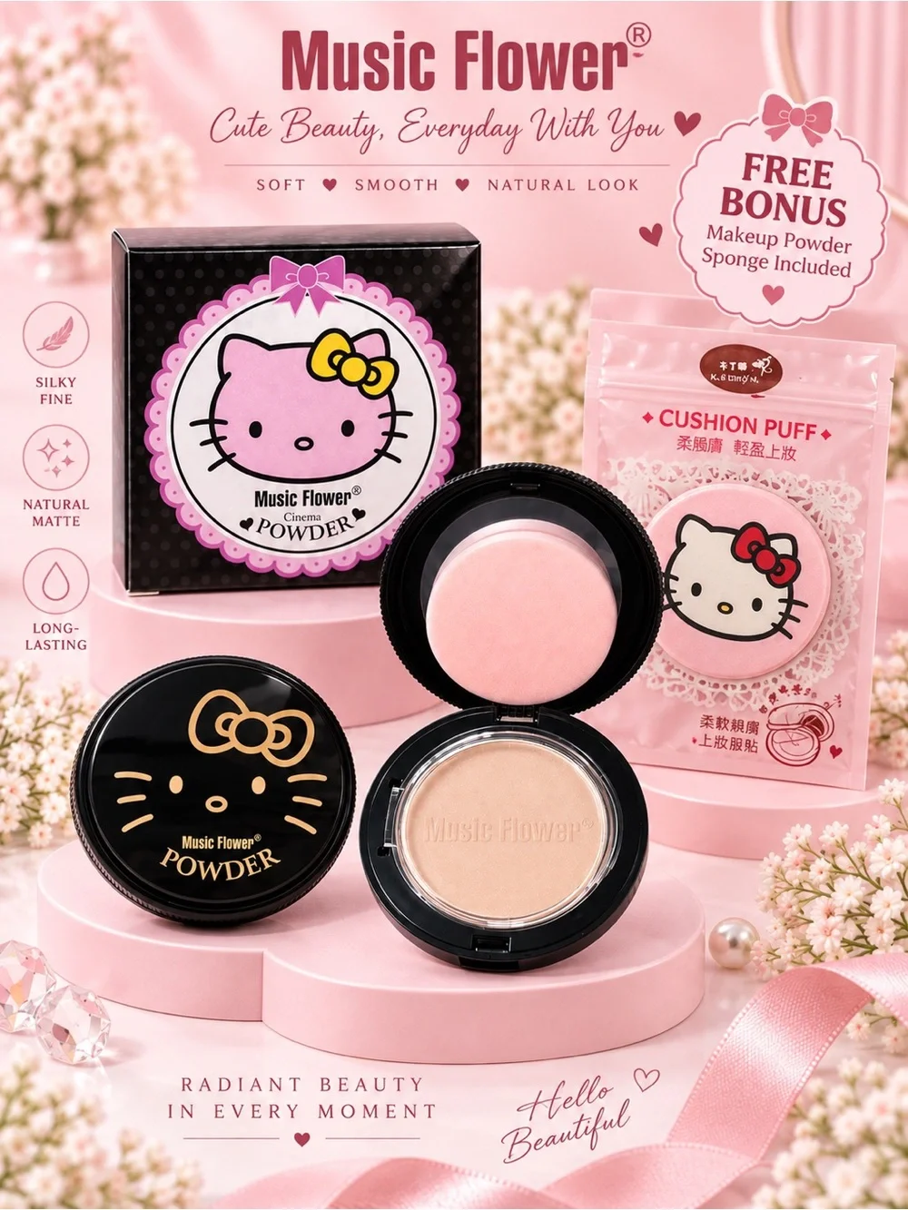 Music Flower x Hello Kitty Matte Powder Compact Choose A or B + Free Puff.NWT